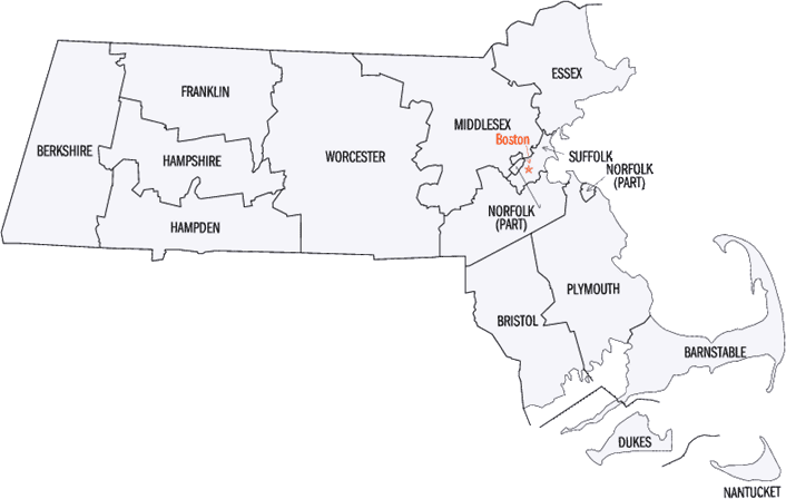 County Map of Massachusetts: